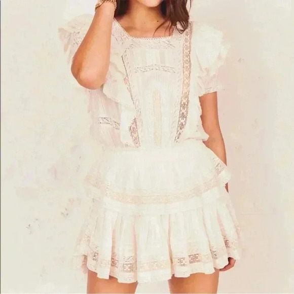 LoveShackFancy Stella Ruffled Frill Mini Lace Dress Bridal Graduation White L Mini LoveShackFancy Stella Ruffled Frill Mini Lace Dress Bridal Graduation White L Mini
